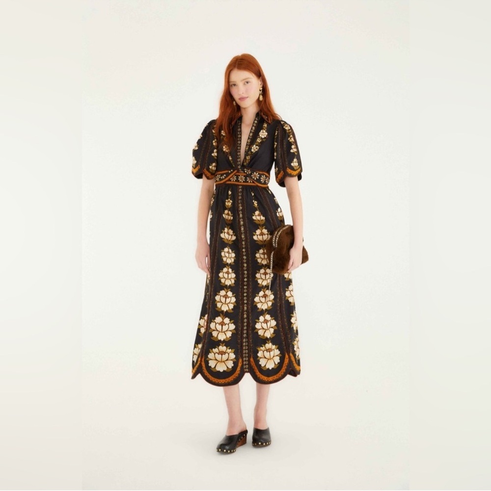 FARM Rio Black Midi Dress with Gold & Cream Floral Embroidery